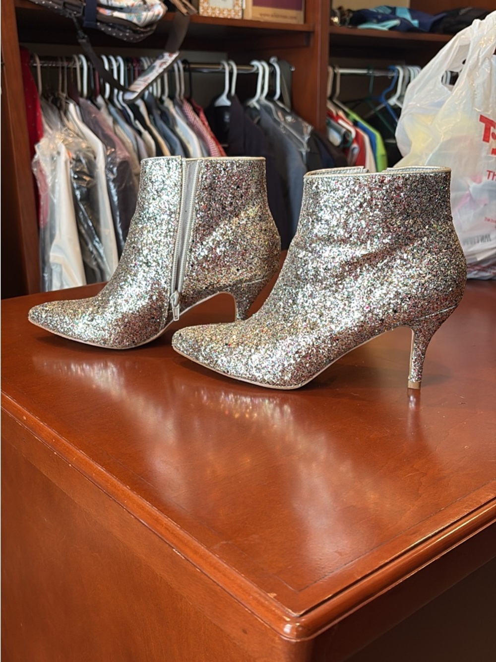 Silver Glitter Pointed-Toe Ankle Boots - Women's Dress Booties